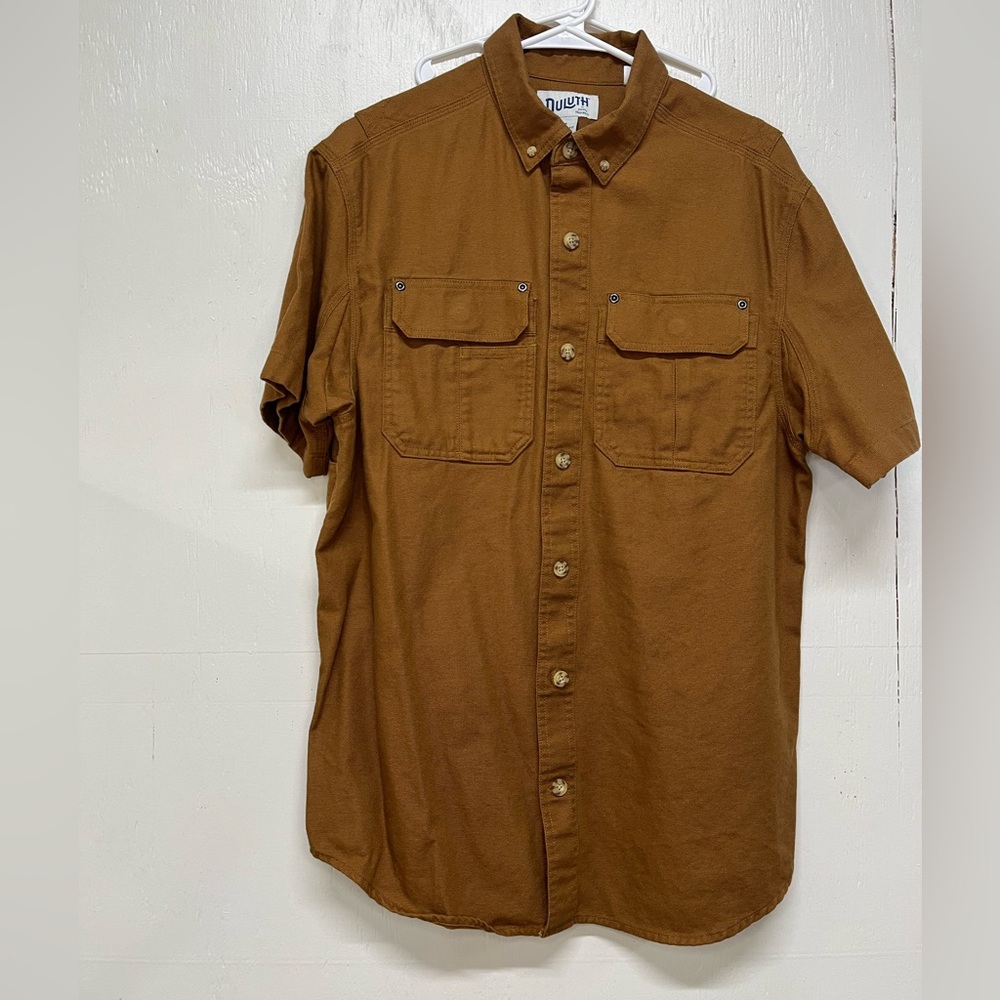 Duluth Trading Co. tan/brown button down canvas short sleeve shirt 100% cotton